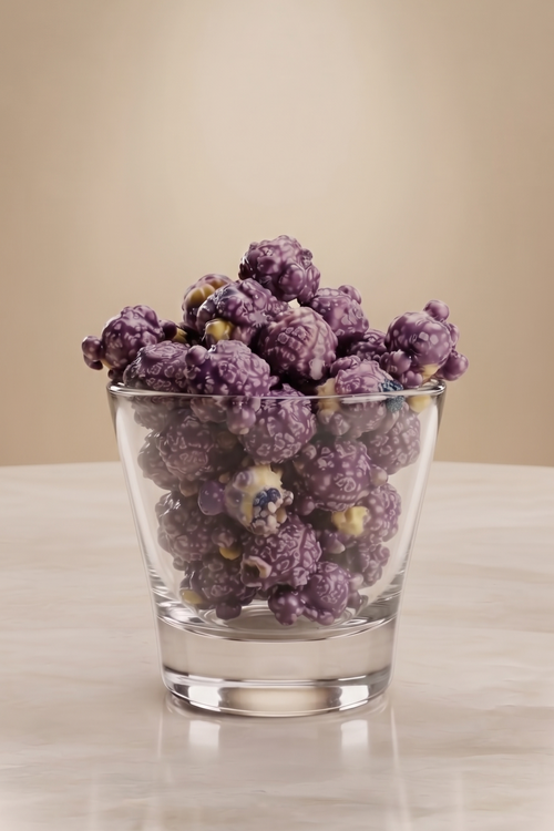 Purple popcorn clusters in a clear glass cup, set on a light marble surface against a warm beige background.