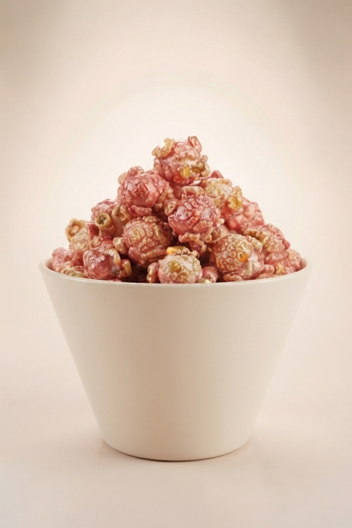 A white ceramic bowl filled with pink and beige caramel popcorn, set against a soft beige background.