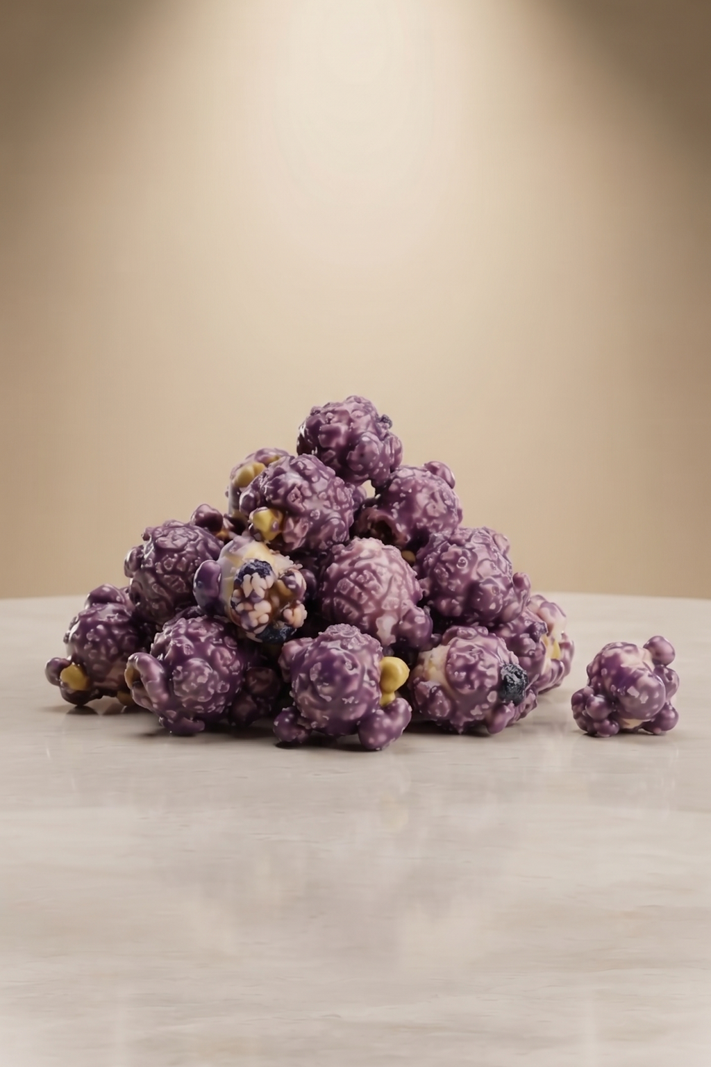 A small pile of purple popcorn coated in sugar or chocolate, arranged on a light stone surface against a warm beige background with a spotlight effect.